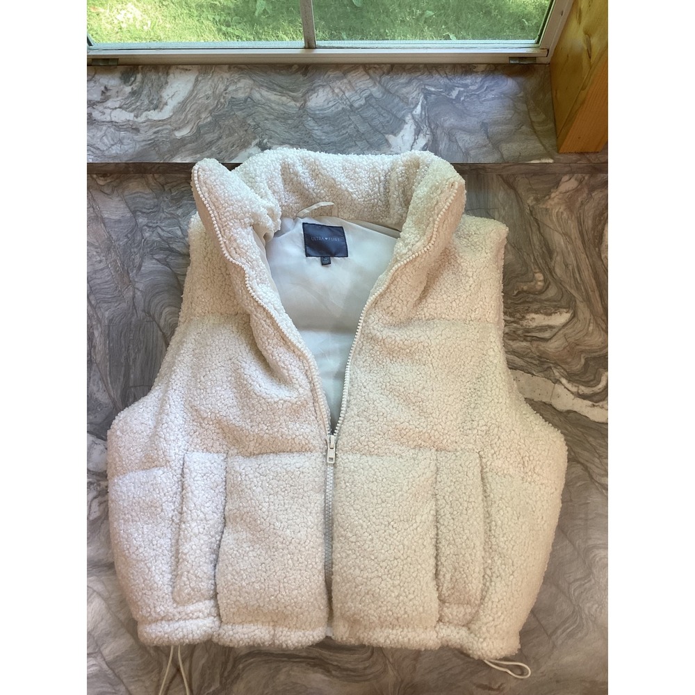 Ultra Flirt Womens Sherpa Fleece Puffer Vest Cream White Full Zip Cropped